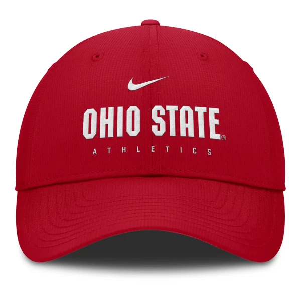 Red Ohio State Athletics Nike baseball cap with white embroidered lettering and Nike swoosh logo.