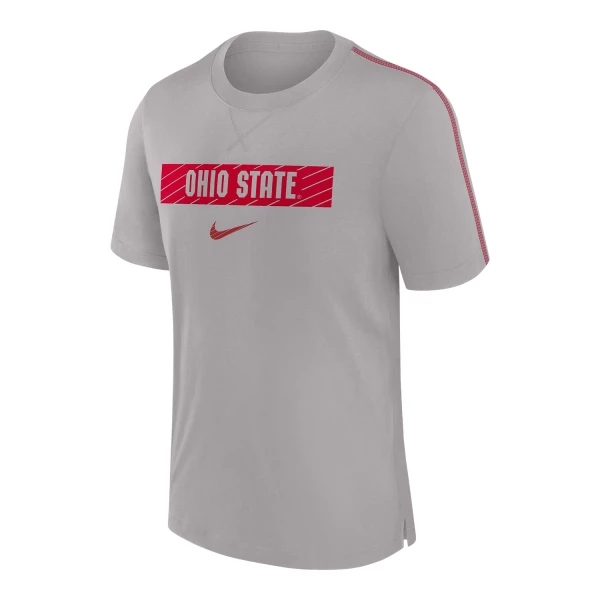 Gray Nike shirt with Red lettering that says 