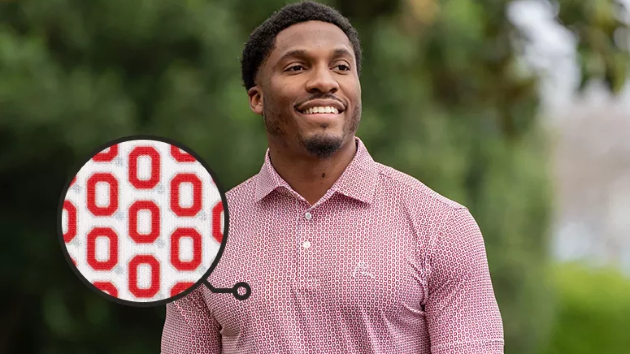 Man smiling while wearing a red Ohio State-patterned button-up shirt, with a magnified view of the repeating 'O' design on the fabric.