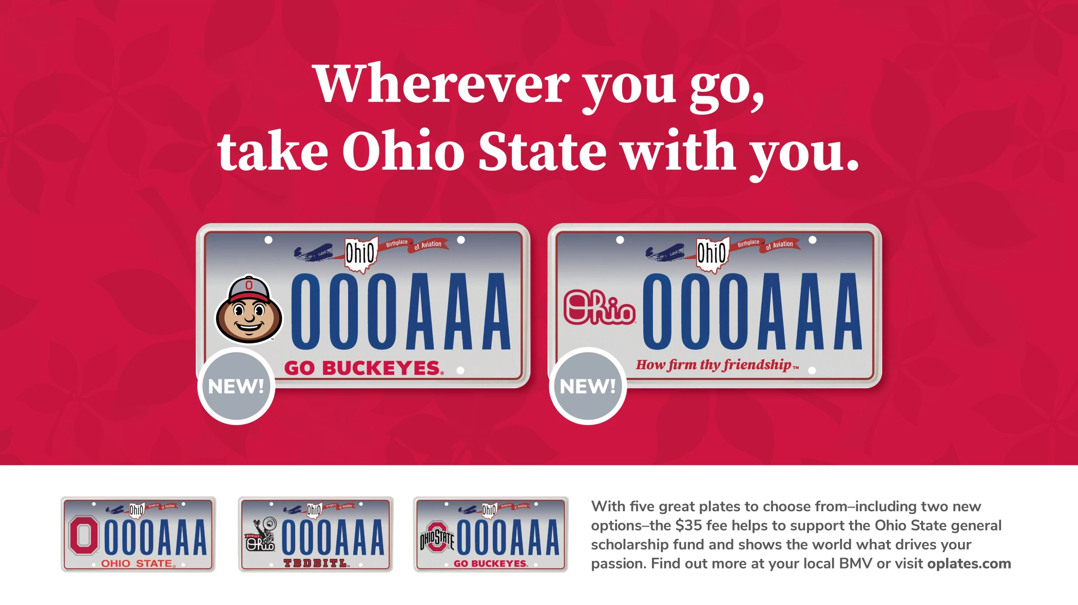 Advertisement featuring Ohio State-themed Ohio license plates with slogans like 'Go Buckeyes' and 'How firm thy friendship,' encouraging drivers to showcase their Ohio State pride.